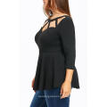 Gray Hollow Out O-neck 3/4Sleeve Peplum Plus Size Women Casual Blouses